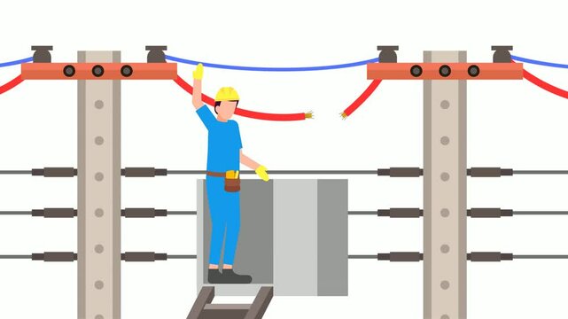 Extreme Jobs Fixing High Voltage overhead Power Lines animation,  Lineworker in field Repairing arcing downed wire animated video, Electrician Profession Clip, electrical Supply and wiring footage, 