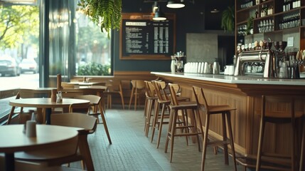 Fototapeta premium This is a photograph of an empty coffee shop with stylish design. The interior features wood furniture, plants for decoration, and ambient lighting to create a welcoming atmosphere.