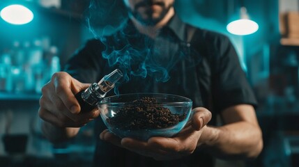 Professional barista prepares aromatic coffee using a vaporizing technique in a modern cafe
