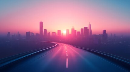 Obraz premium Vibrant Cityscape at Sunset with Illuminated Skyscrapers and Highway