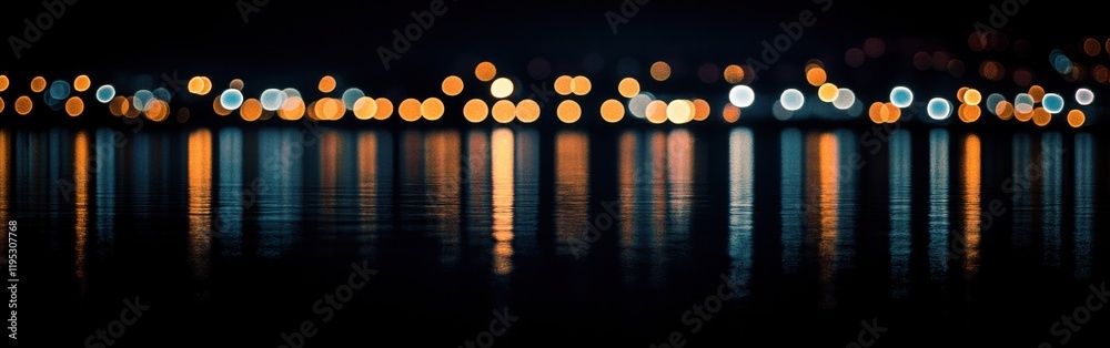 Poster deep navy and metallic silver bokeh lights create a captivating nighttime atmosphere over a tranquil