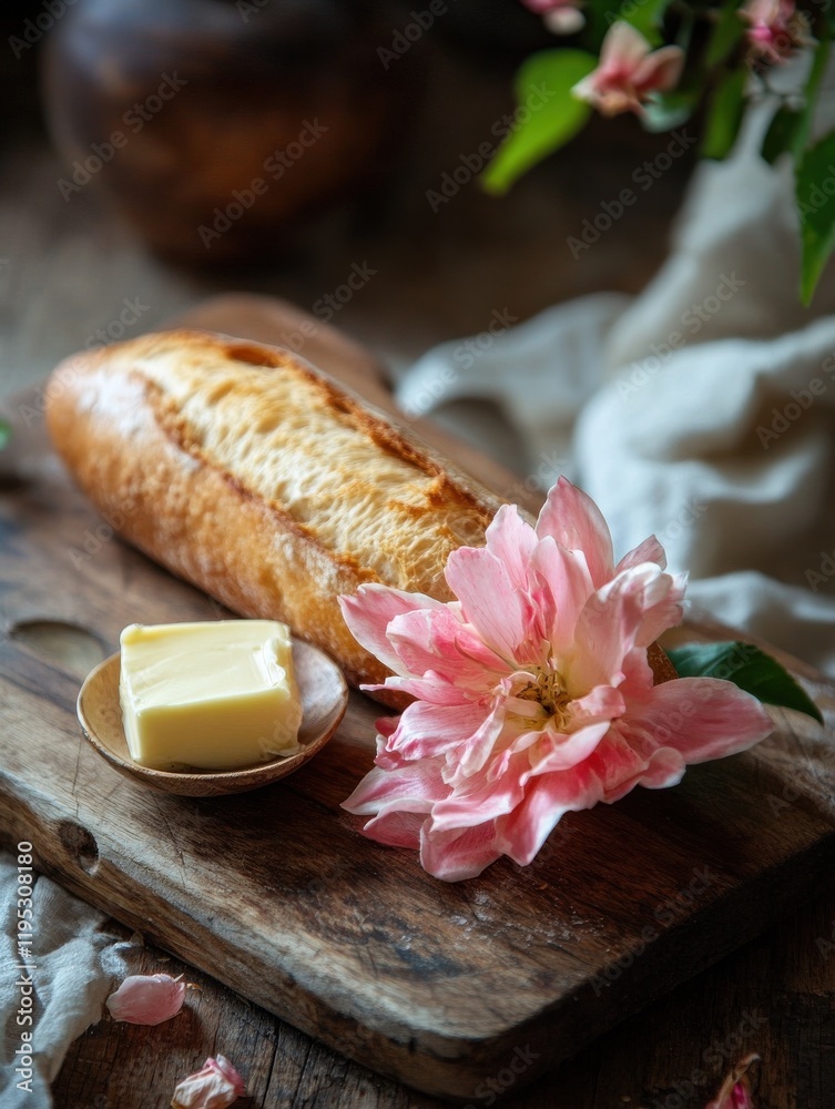 Aufkleber freshly baked baguette with butter and a pink flower on a rustic wooden surface enhances the charm o