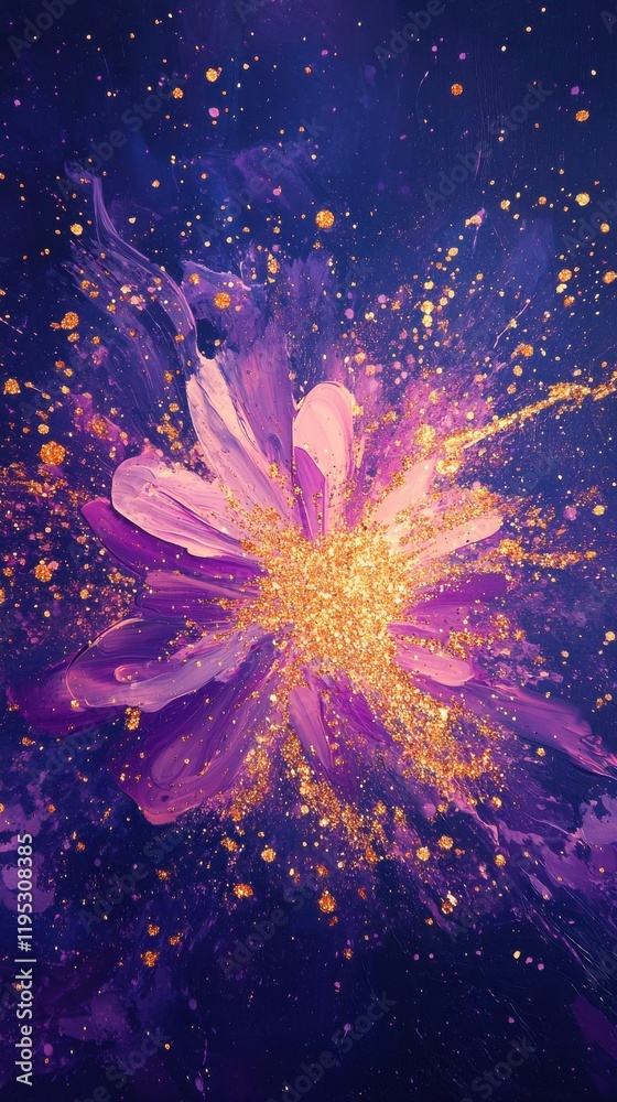 Poster Bright fuchsia and golden sparkles create a stunning flower design on a dark background with vibrant colors