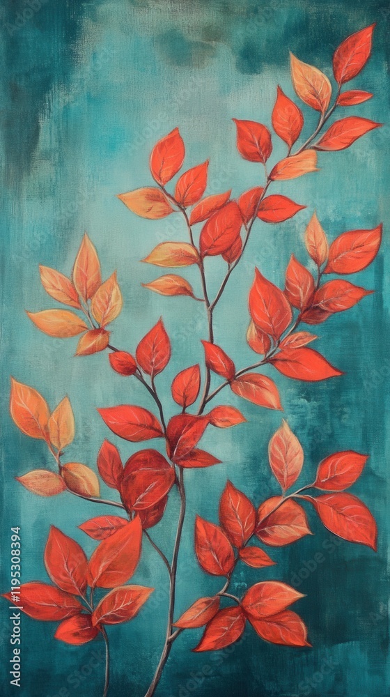 Poster bright red leaves with subtle orange veins against a turquoise backdrop create a vivid autumn displa