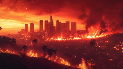 A burning city skyline, buildings engulfed in flames as the inferno spread across Los Angeles during both summer and winter. The heat is visible on people's faces as they escape from the firestorm.