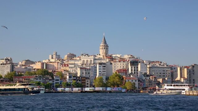 Galataport area, Beyoglu historic district and Galata tower medieval landmark, many flying seagulls with route ships and boats in Istanbul, Turkey. Summer sunny day