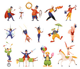Cartoon circus artists characters. Chapiteau representatives, funny magician, sword swallower, trainers, gymnasts, clowns and magician, athlete performance, isolated people, tidy vector set
