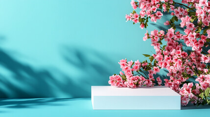 A vibrant display of pink flowers against a turquoise background, showcasing spring beauty.