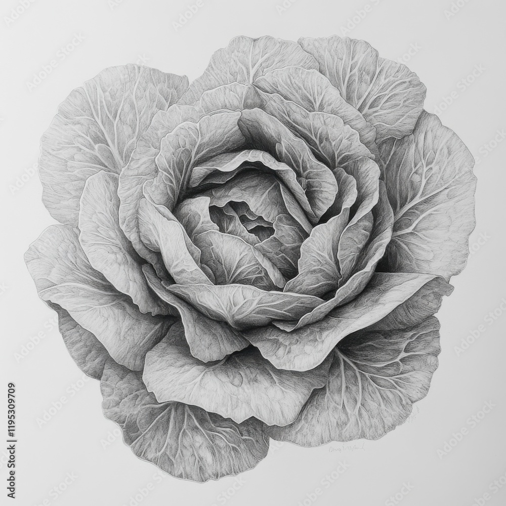 Poster detailed drawing of a whole head of lettuce showcasing layered leaves and intricate textures in mono