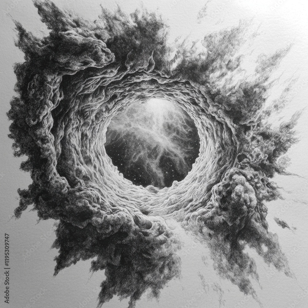 Poster wormhole portal surrounded by cosmic debris depicting celestial phenomena in a vast universe