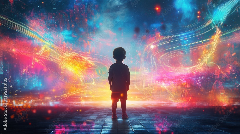 Aufkleber vibrant visualization of a glowing child exploring a colorful digital landscape at twilight