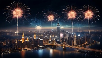 Fireworks illuminate New York City skyline at night
