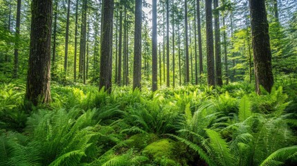 Fototapeta premium Lush green forest with tall trees and ferns creating a serene natural scene