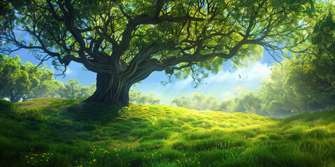 Large Tree on Grassy Hillside with Lush Green Foliage and Blue Sky
