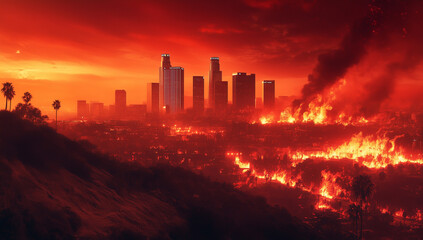 Fototapeta premium A burning city skyline, buildings engulfed in flames as the inferno spread across Los Angeles during both summer and winter. The heat is visible on people's faces as they escape from the firestorm.