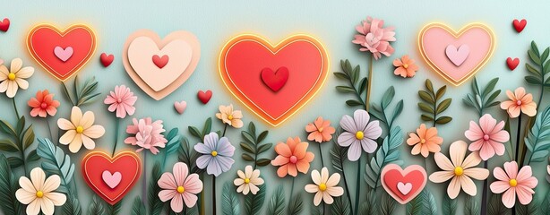 Fototapeta premium An abstract depiction of Valentine’s Day with heart and floral flat art icons, blending neon light accents and pastel watercolor gradients