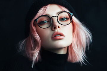 Fototapeta premium Close-up of a woman with pink hair wearing round glasses and a black beanie. Studio portrait photography with dark background. Modern fashion and minimalistic style concept