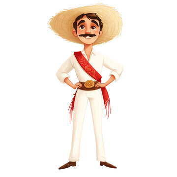 A male cartoon character in a festive Mexican Son Jarocho outfit, featuring white trousers, a red sash, and a straw hat, standing against a white background