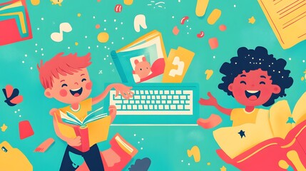 Obraz premium Happy Children Reading Books and Using a Laptop