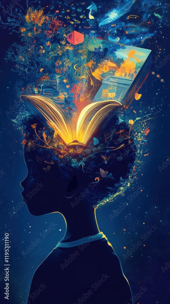 Poster surreal illustration of a child's imagination with vibrant elements of creativity and wonder