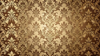Fototapeta premium Ornate damask fabric with intricate patterns of gold and brown hues, featuring floral motifs and scrollwork designs, set against a subtle gradient background , gold, damask