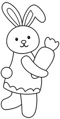 Easter bunny holding carrot outline.
Cute rabbit Cartoon character coloring page.
Rabbit in clothes.
Happy easter design.
Good for card,poster, banner, leaflet .
Transparent background.

