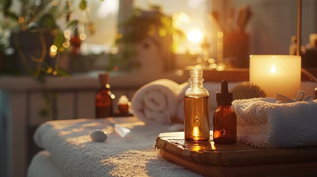 Relaxing spa atmosphere with essential oils and candles promotes peace and rejuvenation.