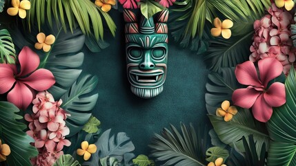 Tiki statue and vibrant floral elements set against tropical backdrop, evoking a sense of leisure and island culture.