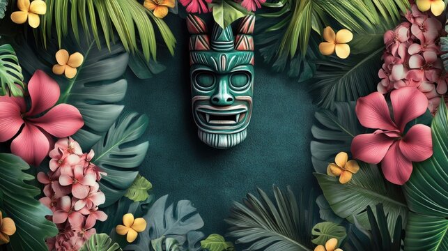 Tiki statue and vibrant floral elements set against tropical backdrop, evoking a sense of leisure and island culture.