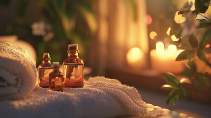 Relaxing spa atmosphere with essential oils and candles promotes peace and rejuvenation.