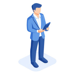 Professional man in suit holding a tablet, showcasing modern business engagement., isolated on a transparent background.