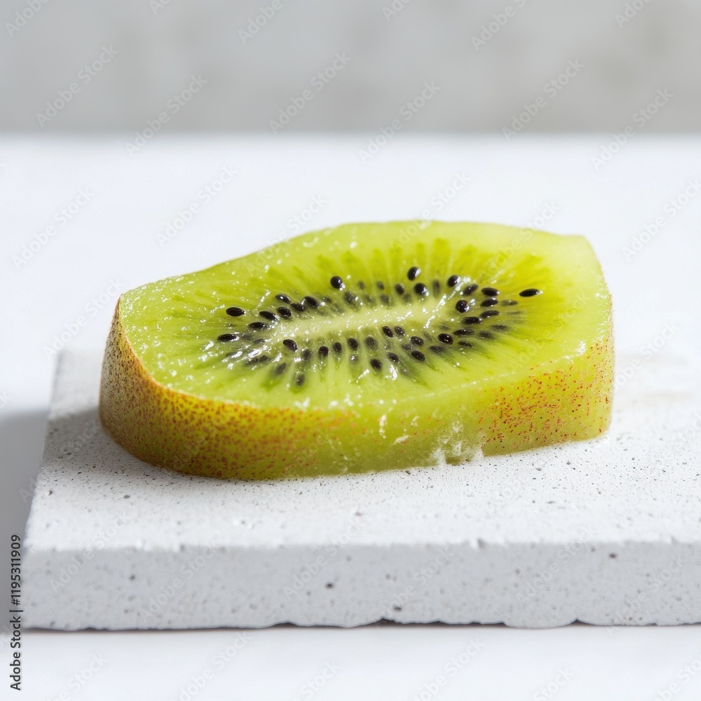 Poster Ripe kiwi slice showcasing vibrant green color and intricate seed pattern on a neutral background