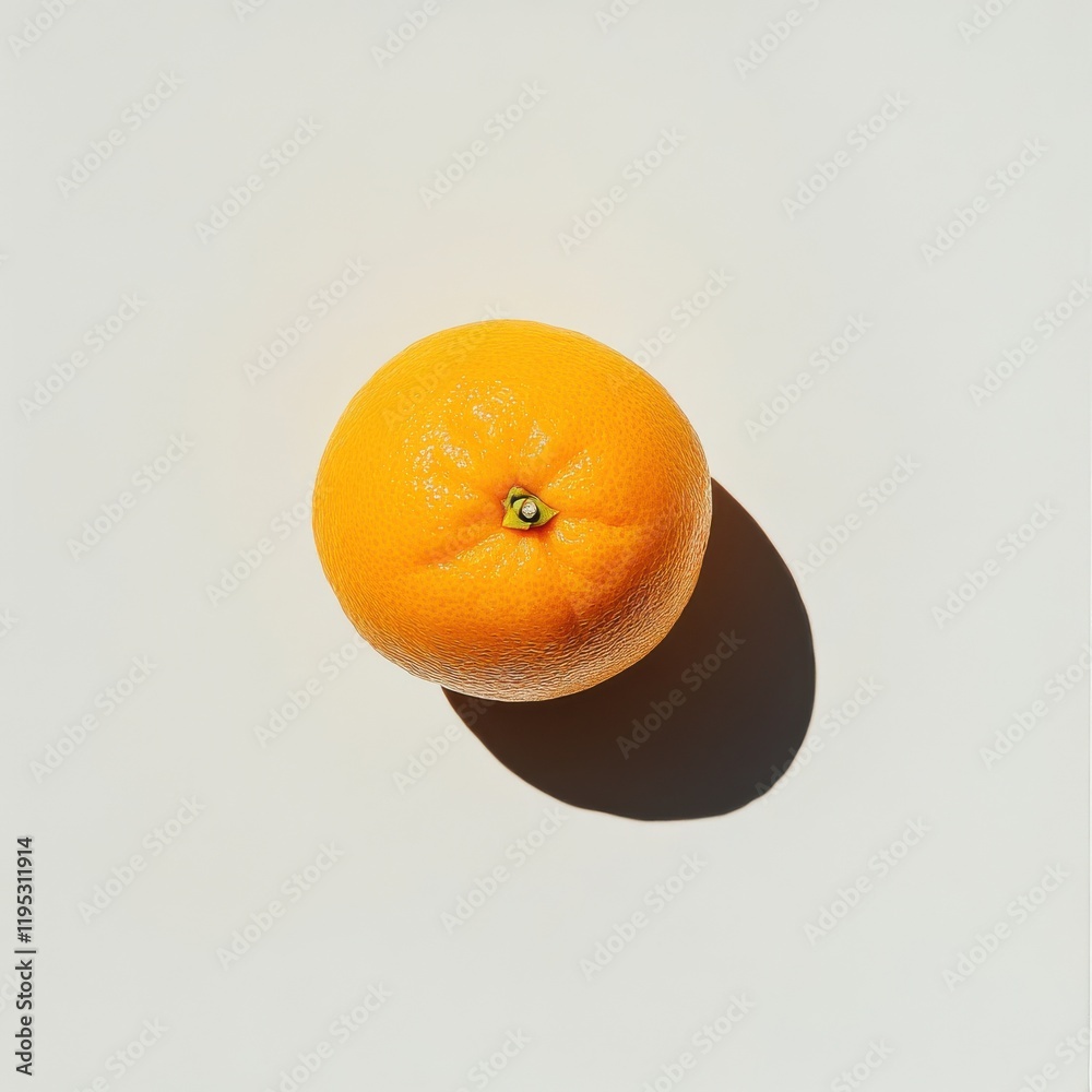 Poster ripe orange with smooth peel resting on a neutral surface casting a soft shadow in natural light