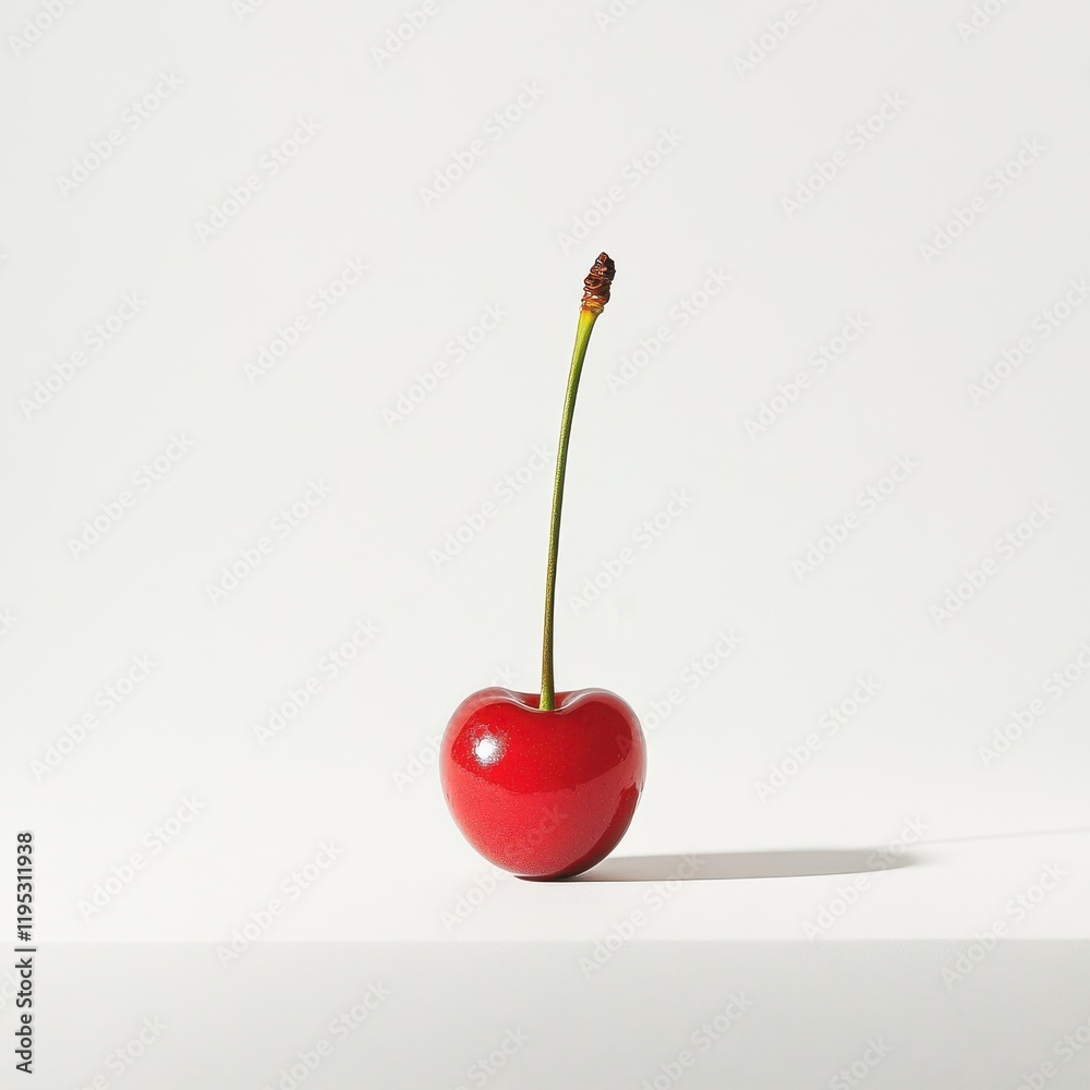 Poster single ripe cherry with a glossy red surface resting on a clean white background
