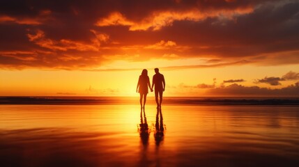 Fototapeta premium Two silhouetted figures holding hands and walking on a beach at sunset, with the sun casting a warm glow over the ocean and the sky