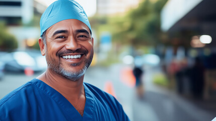 Portrait of a cheerful healthcare professional wearing blue scrubs and a surgical cap, standing outdoors with a bright smile