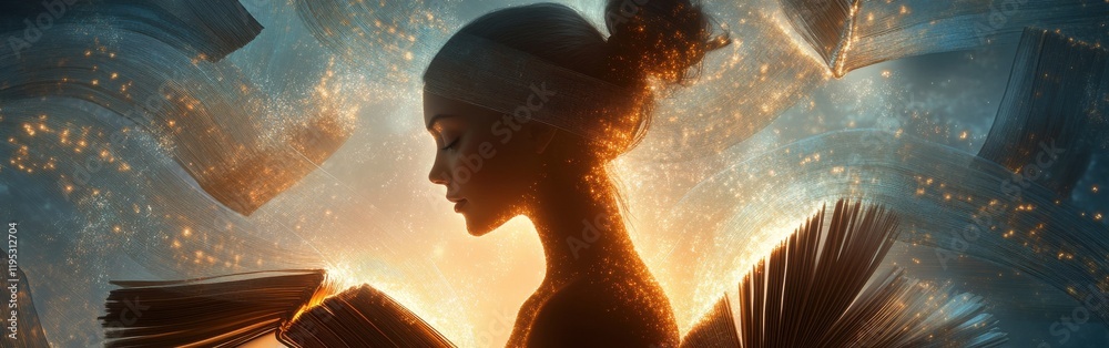 Poster serene portrait of a glowing woman surrounded by floating books in a soft, ethereal setting