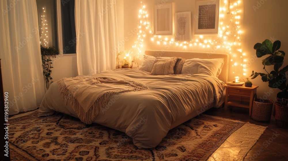 Aufkleber Cozy serene bedroom with neutral bedding and warm string lights, creating a relaxing atmosphere for peaceful nights