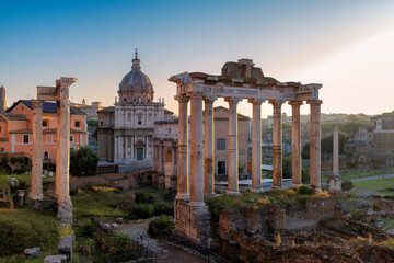 Beautiful view of Roman Forum at sunrise in Rome, Italy.