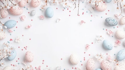 Colorful Easter eggs and vibrant flowers arranged beautifully on a white surface, symbolizing joy and renewal during the festive season.