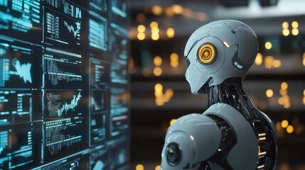 Professional visualization of AI-enhanced robot analyzing data in a modern digital environment