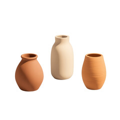 Three beautifully crafted ceramic vases in warm earthy tones., isolated on a transparent background.