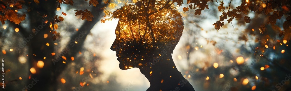 Poster silhouette of a man filled with autumn leaves and glowing lights in a forest setting at dusk