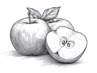 Black and white sketch of apples in a basket.