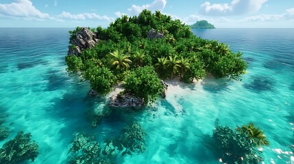 A tropical island surrounded by crystal-clear turquoise waters with lush greenery in the center