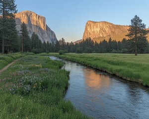 Breathtaking Sunset View of Yosemite Valley with El Capitan and Merced River: Iconic National Park Scenery, Lush Green Meadow, Towering Pine Trees, Peaceful Stream