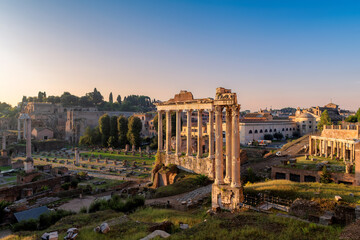 Beautiful view of Roman Forum at sunrise in Rome, Italy.