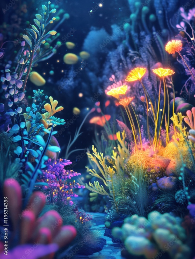 Aufkleber exploring a magical microscopic ecosystem inhabited by vibrant microbes and glowing flora. generativ