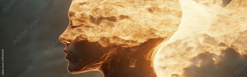Poster mystical profile of a man infused with fiery light capturing the essence of creativity and transform