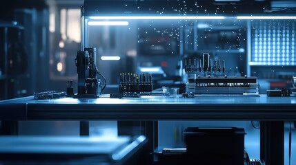 Focused shot of a bench equipped with interchangeable tool mounts highlighting the variety of tools available that can be easily swapped in response to production needs.